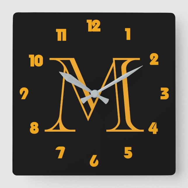 Monogram Orange Numbers On Black wccnt Square Wall Clock (Front)