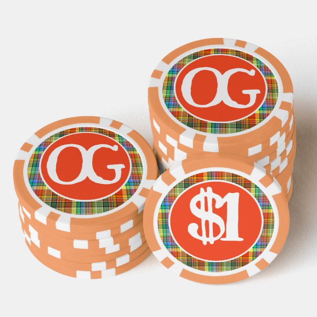 Monogram Orange Plaid Personalised Colourful Poker Chips (Stack)