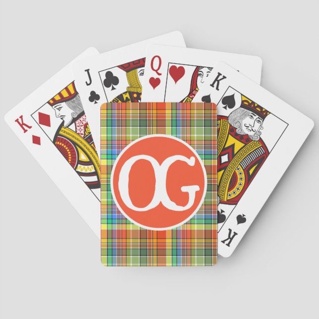 Monogram Orange Plaid Personalized Colorful Playing Cards (Back)