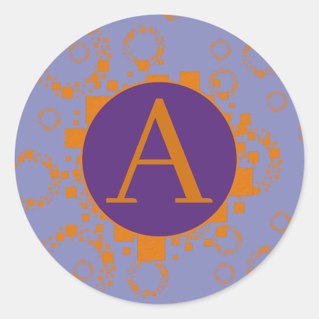 Monogram Orange Purple Initial Squares Circles  Classic Round Sticker (Front)
