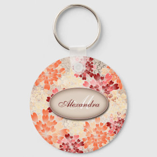 Monogram Orange Red & Cream Flowers Retro Key Ring