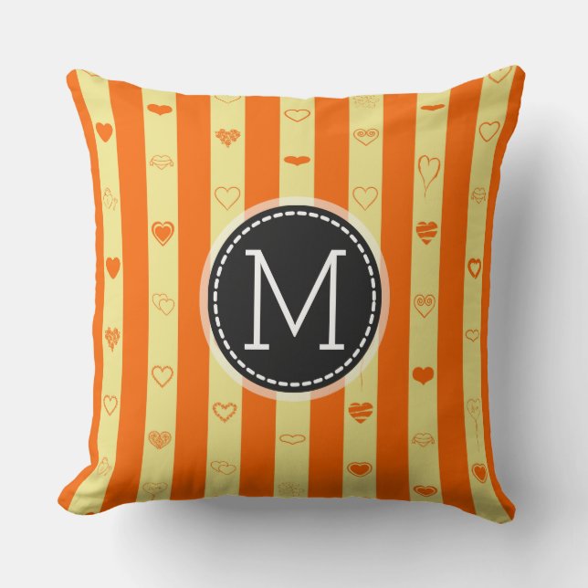 Monogram Orange Stripes Modern Heart Pattern Cushion (Front)