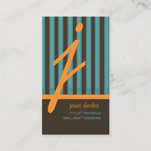 Monogram orange/teal/chocolate stripes business card (Front)