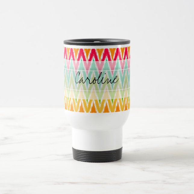 Monogram Orange Teal Ikat Chevron Zig Zag Pattern Travel Mug (Center)