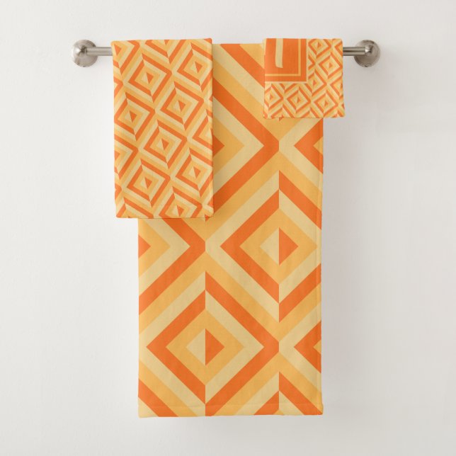 Monogram Orange Three-Tone Diamond Pattern Bath Towel Set (Insitu)