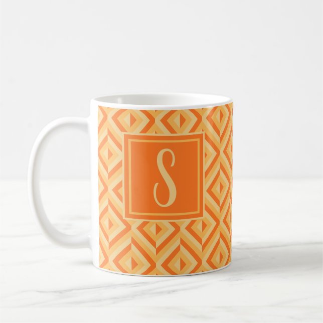 Monogram Orange Three-Tone Diamond Pattern Coffee Mug (Left)