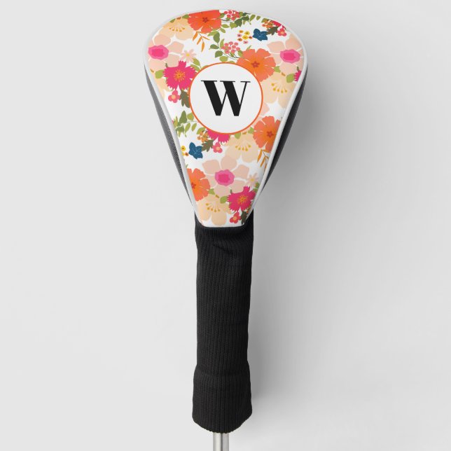 Monogram Orange Watercolor Floral  Golf Head Cover (Front)