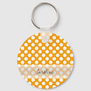 Monogram Orange White Trendy Fun Polka Dot Pattern Key Ring