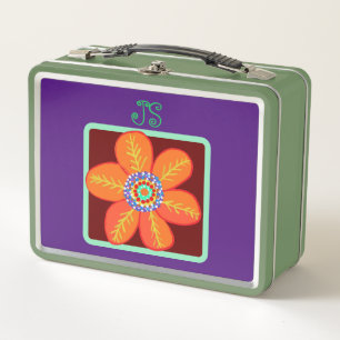 Monogram Orange Yellow Flowers Metal Lunch Box