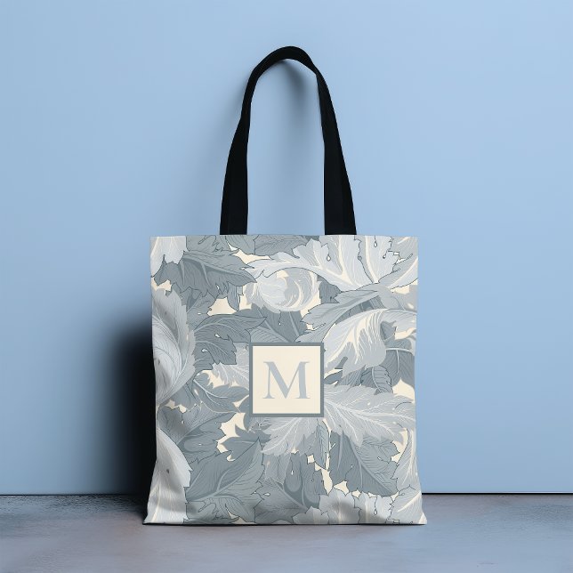 Monogram Ornamental Retro Grey Floral Leaves Tote Bag (Creator Uploaded)