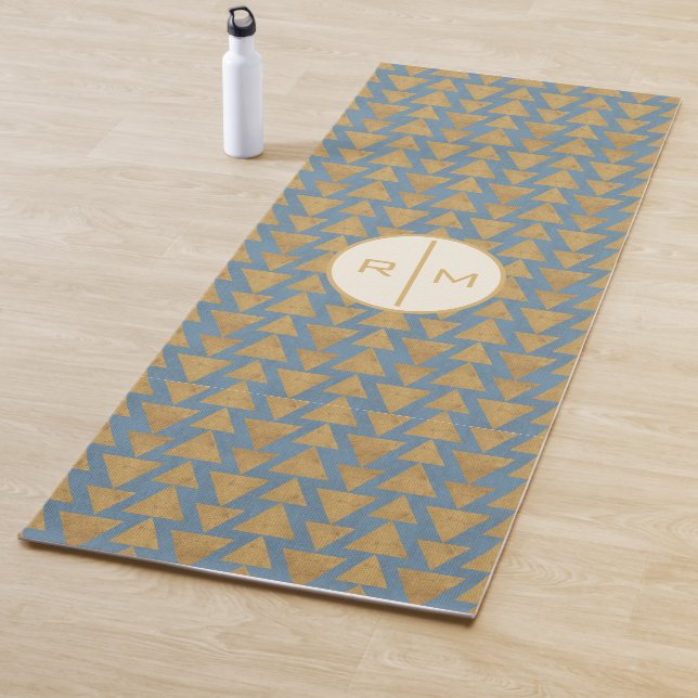 Monogram | Outdoor Geo Step | Gold & Blue Pattern Yoga Mat (In Situ)