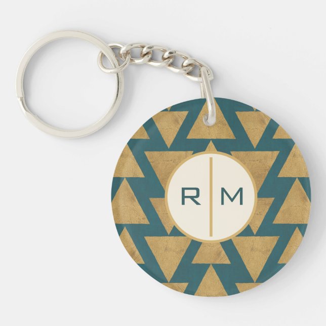 Monogram | Outdoor Geo Step | Gold & Dark Teal Pat Key Ring (Front)
