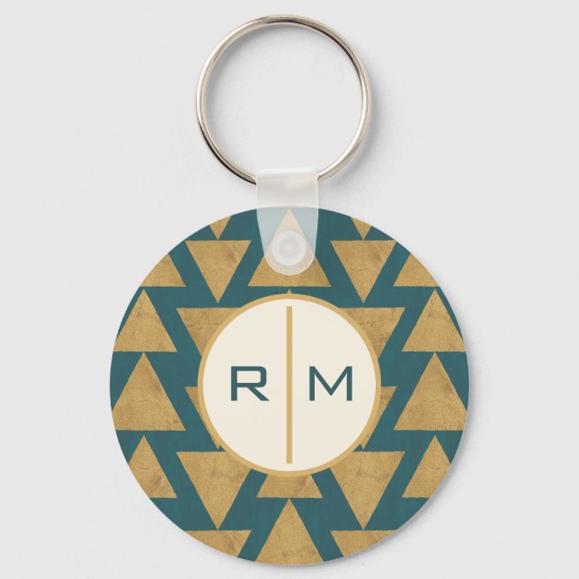Monogram | Outdoor Geo Step | Gold & Dark Teal Pat Key Ring (Front)