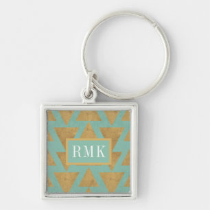Monogram   Outdoor Geo Step   Gold & Teal Pattern Key Ring