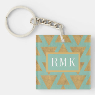 Monogram   Outdoor Geo Step   Gold & Teal Pattern Key Ring