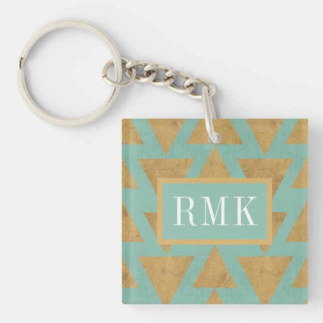Monogram | Outdoor Geo Step | Gold & Teal Pattern Key Ring (Front)