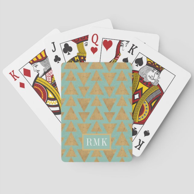 Monogram | Outdoor Geo Step | Gold & Teal Pattern Playing Cards (Back)