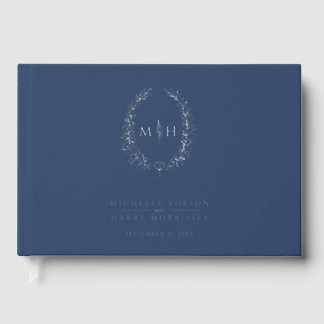 Monogram oval leaves blue silver wedding  guest book