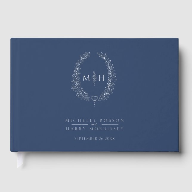 Monogram oval leaves blue silver wedding  guest book (Front)