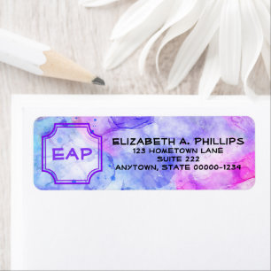 Monogram over Blue, Violet, Pink Watercolor Splash Return Address Label
