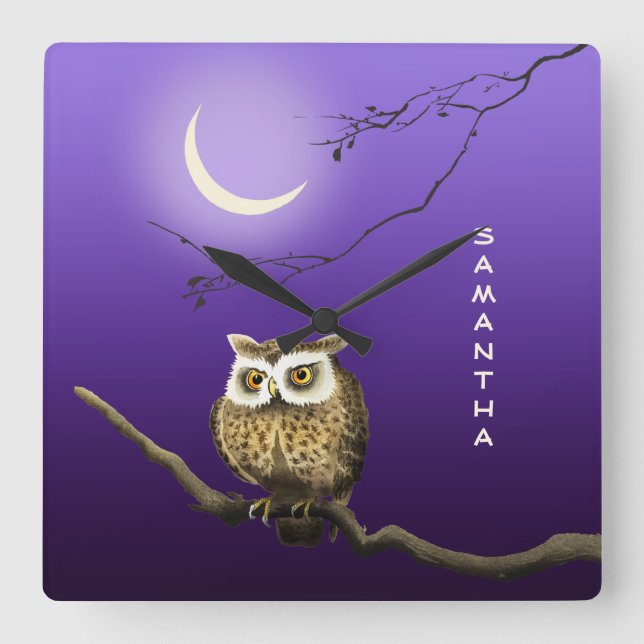 Monogram Owl Night Moon Blue Square Wall Clock (Front)