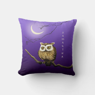 Monogram Owl Night Moon Dark Blue Throw Pillow