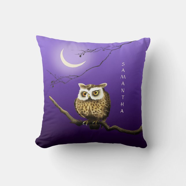 Monogram Owl Night Moon Dark Blue Throw Pillow (Front)
