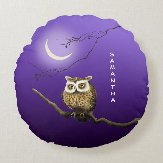 Monogram Owl Night Moon Dark Blue Throw Pillow (Front)