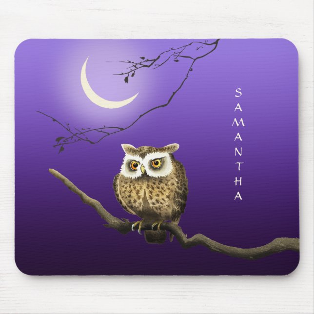 Monogram Owl Night Moonlight Deep Blue Mousepad (Front)