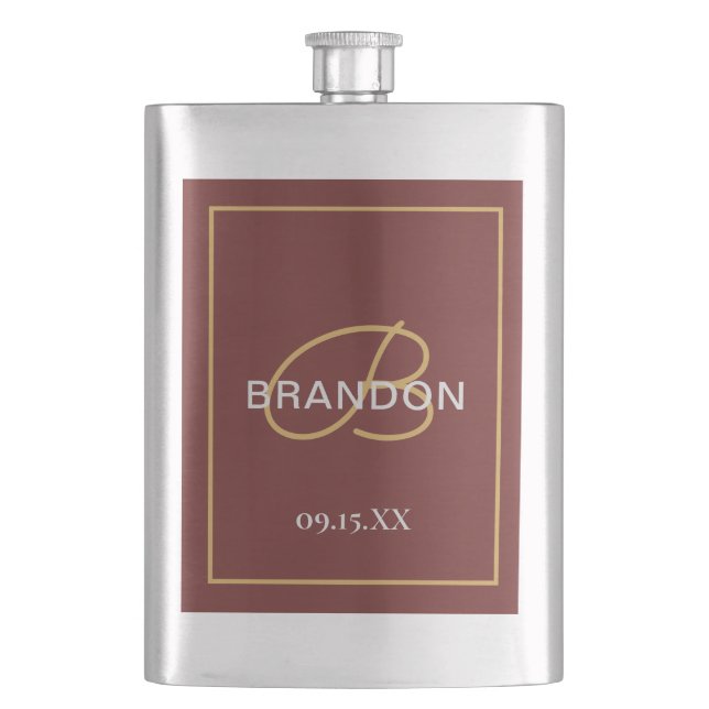 Monogram Own Name Modern Burgundy Gold Groomsmen Hip Flask (Front)