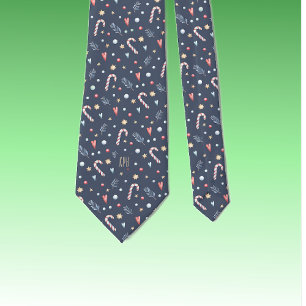 Monogram Oxford Blue Candy Canes Gold Stars Hearts Tie