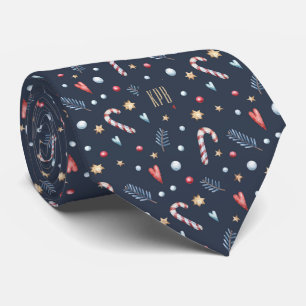 Monogram Oxford Blue Candy Canes Gold Stars Hearts Tie