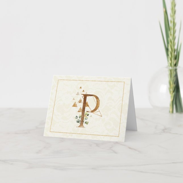 Monogram P Floral Note Card Gold (Front)