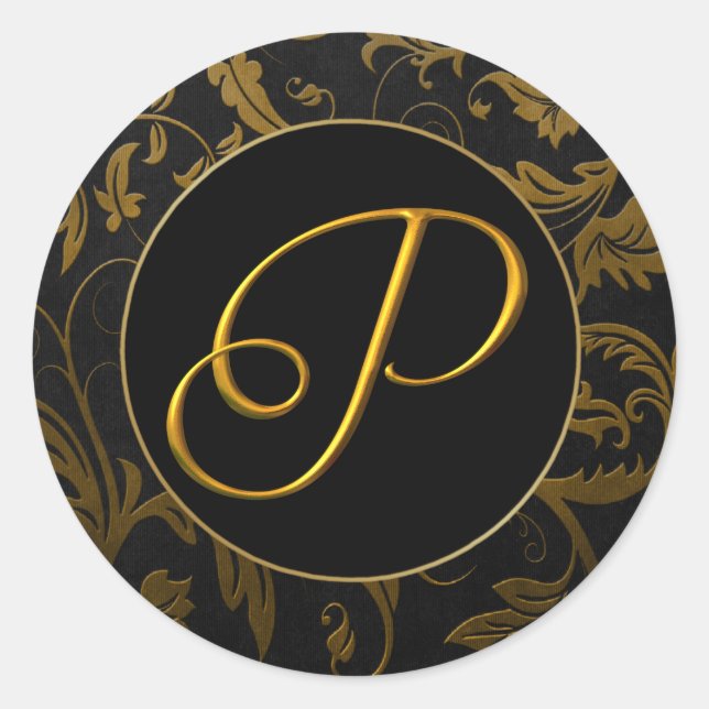 Monogram P Gold and Black Damask Wedding Seal (Front)