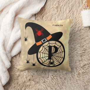 Monogram P Halloween Sky Witch Spiders Name Cushion