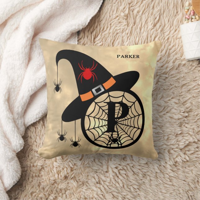 Monogram P Halloween Sky Witch Spiders Name Cushion (Blanket)