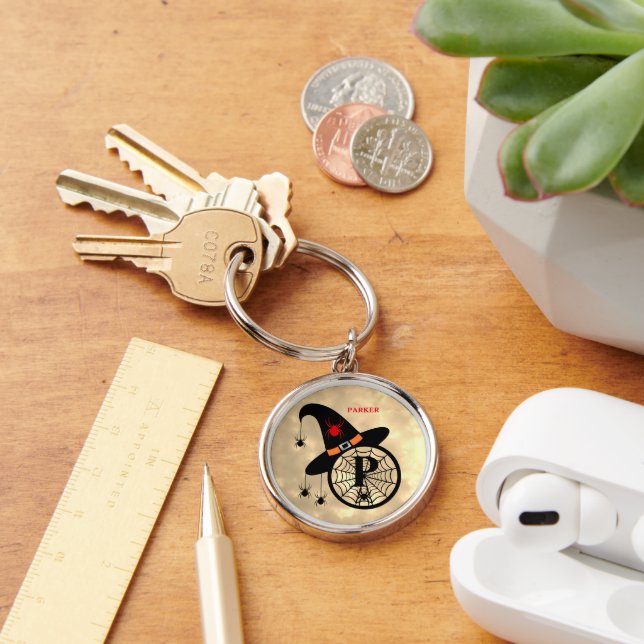 Monogram P Halloween Sky Witch Spiders Name Key Ring (Desk)