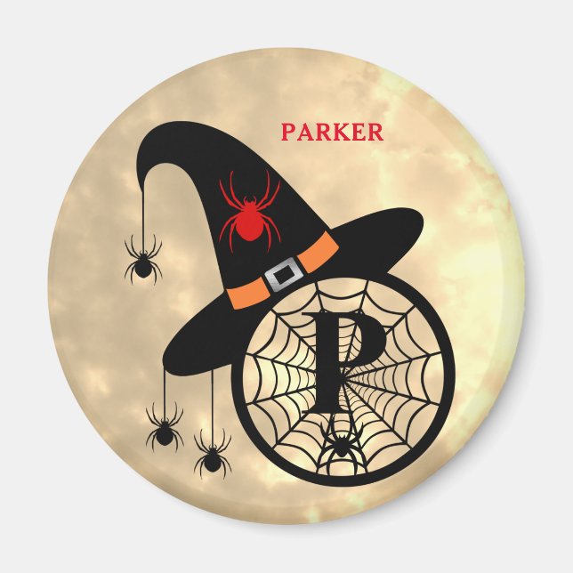 Monogram P Halloween Sky Witch Spiders Name Magnet (Front)