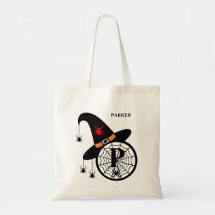 Monogram P Halloween Witch Spiders Your Name Tote Bag