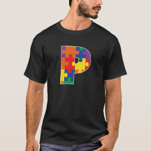 Monogram P in Multi Color Puzzle Pieces T-Shirt