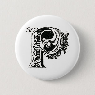 Monogram P, Letter P, Alphabet P, Black and White 6 Cm Round Badge