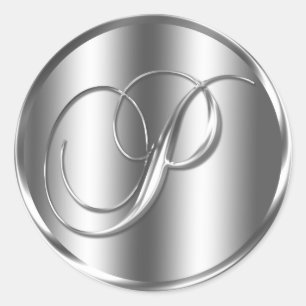 Monogram P Silver Colour Wedding Invitation Holida Classic Round Sticker