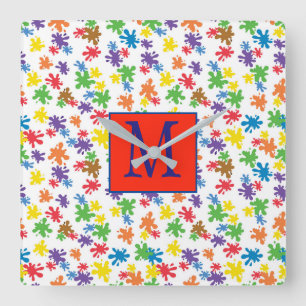 Monogram Paint Splatter Square Wall Clock