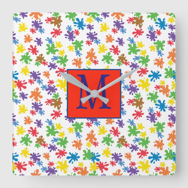 Monogram Paint Splatter Square Wall Clock (Front)