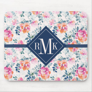 Monogram Painted Roses Pattern Mouse Pad