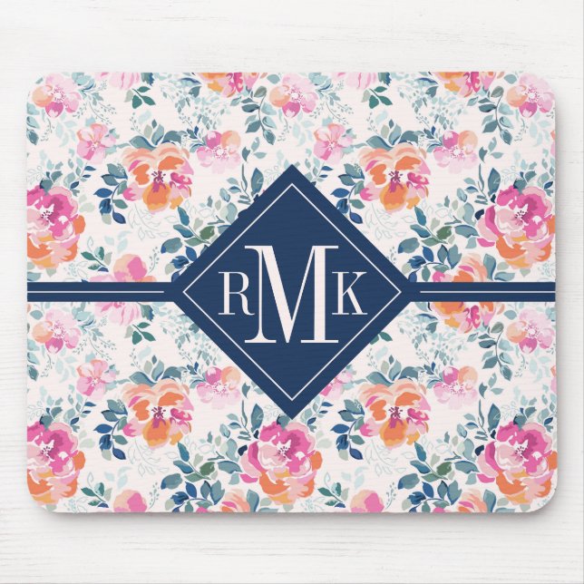 Monogram | Painted Roses Pattern Mouse Pad (Front)