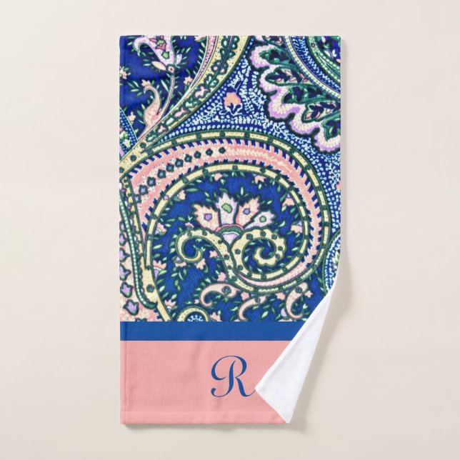 Monogram Paisley Blue Sage Green Blush Pink Hand Towel (Hand Towel)