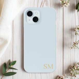 Monogram Pale Blue Gold Minimalist Initials iPhone 15 Case