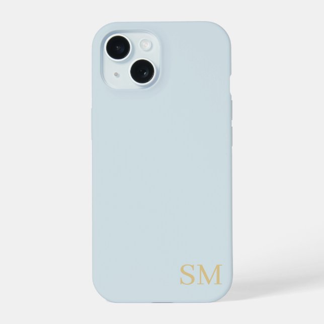 Monogram Pale Blue Gold Minimalist Initials iPhone 15 Case (Back)