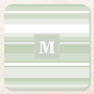 Monogram pale green stripes square paper coaster